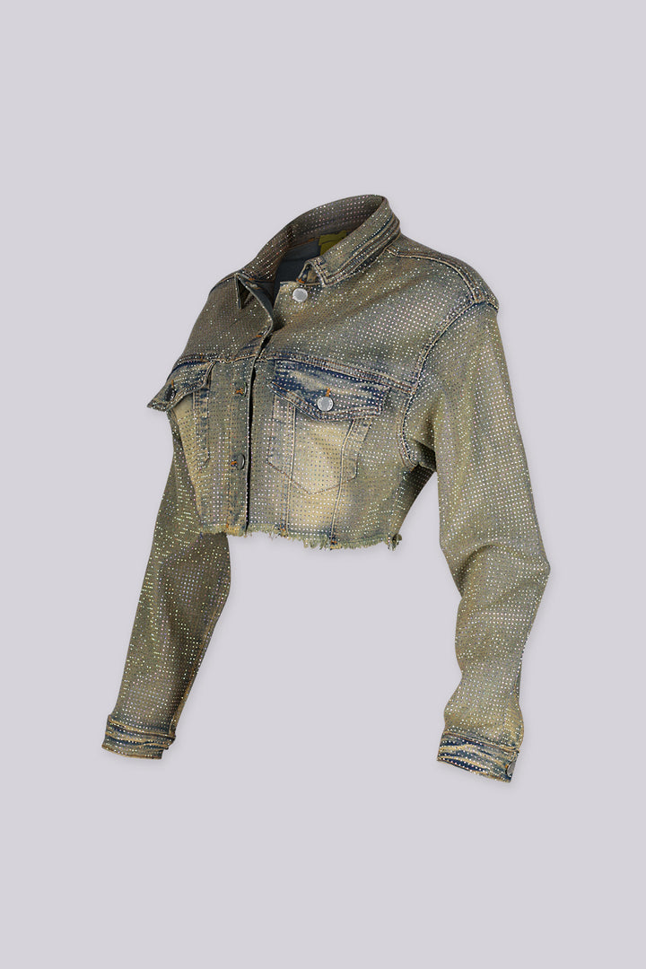 Long sleeve cropped denim jacket covered in allover rhinestone embellishment