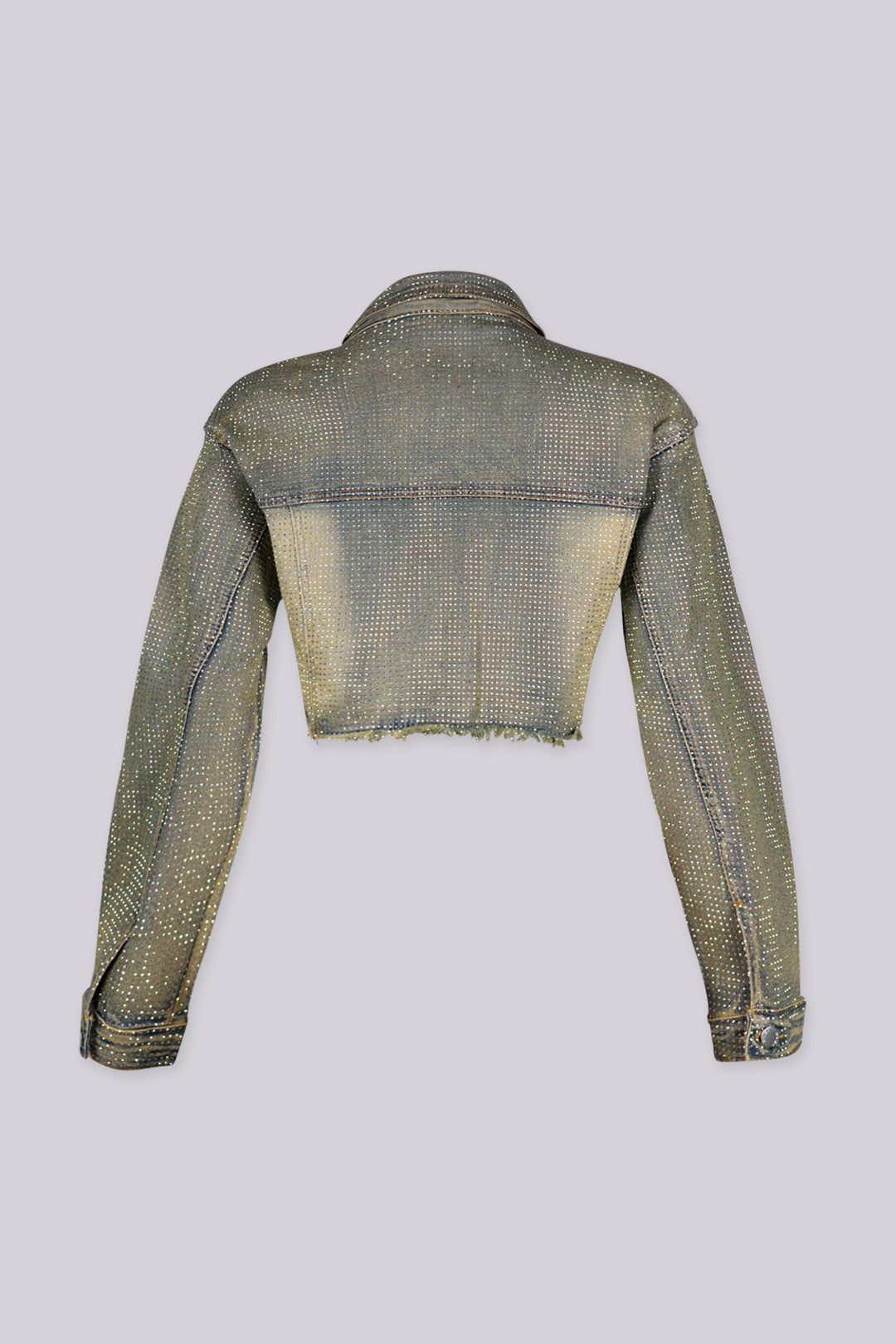 Long sleeve cropped denim jacket covered in allover rhinestone embellishment