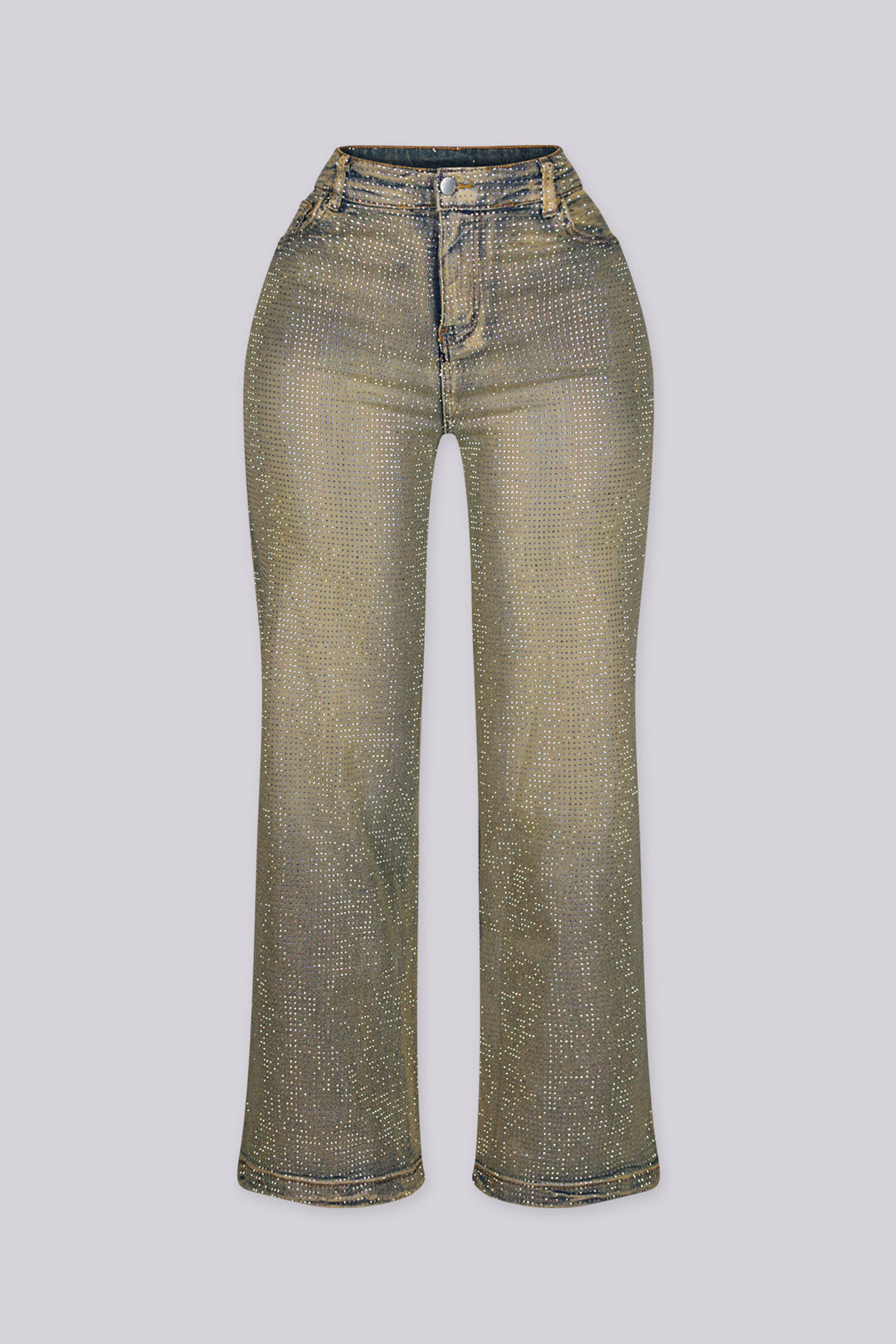 High waisted five pocket styling straight leg denim jean covered in allover rhinestone embellishment