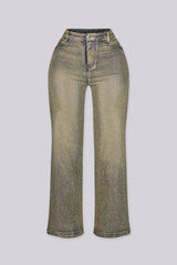 High waisted five pocket styling straight leg denim jean covered in allover rhinestone embellishment