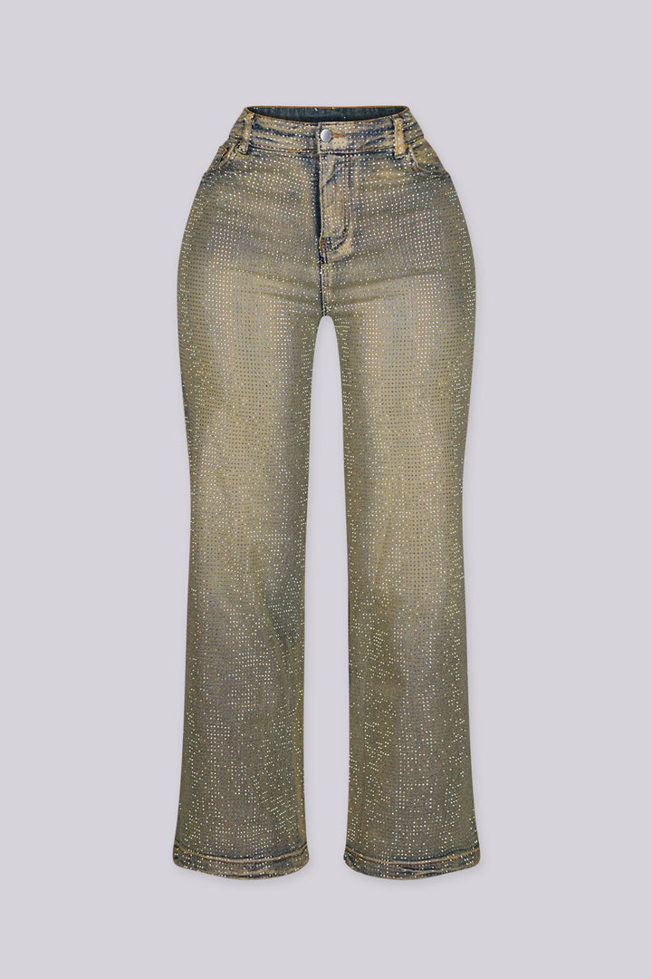 High waisted five pocket styling straight leg denim jean covered in allover rhinestone embellishment