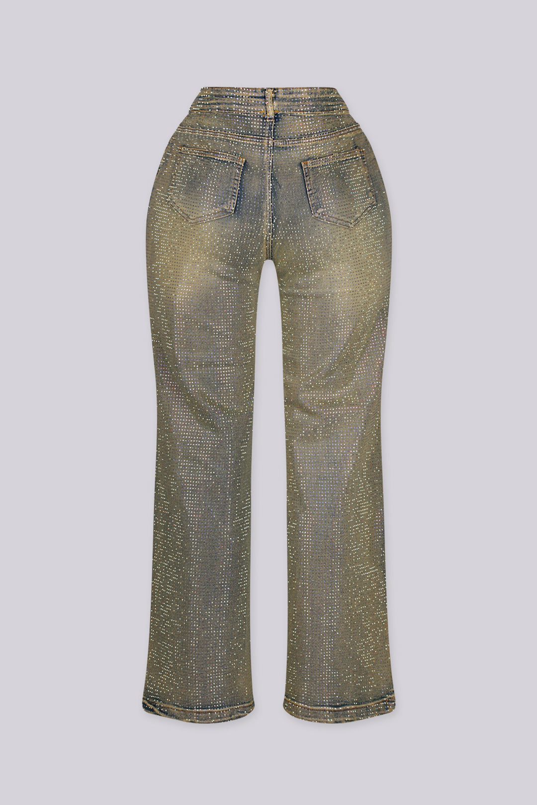 High waisted five pocket styling straight leg denim jean covered in allover rhinestone embellishment