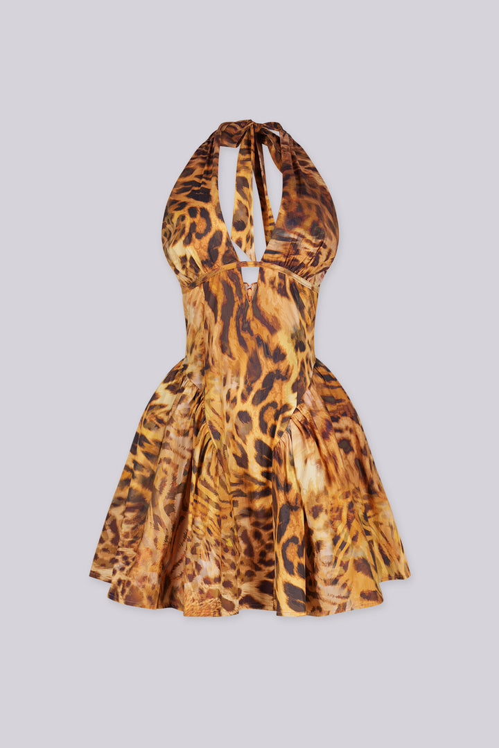 Animal print halter mini dress with plunging deep V front