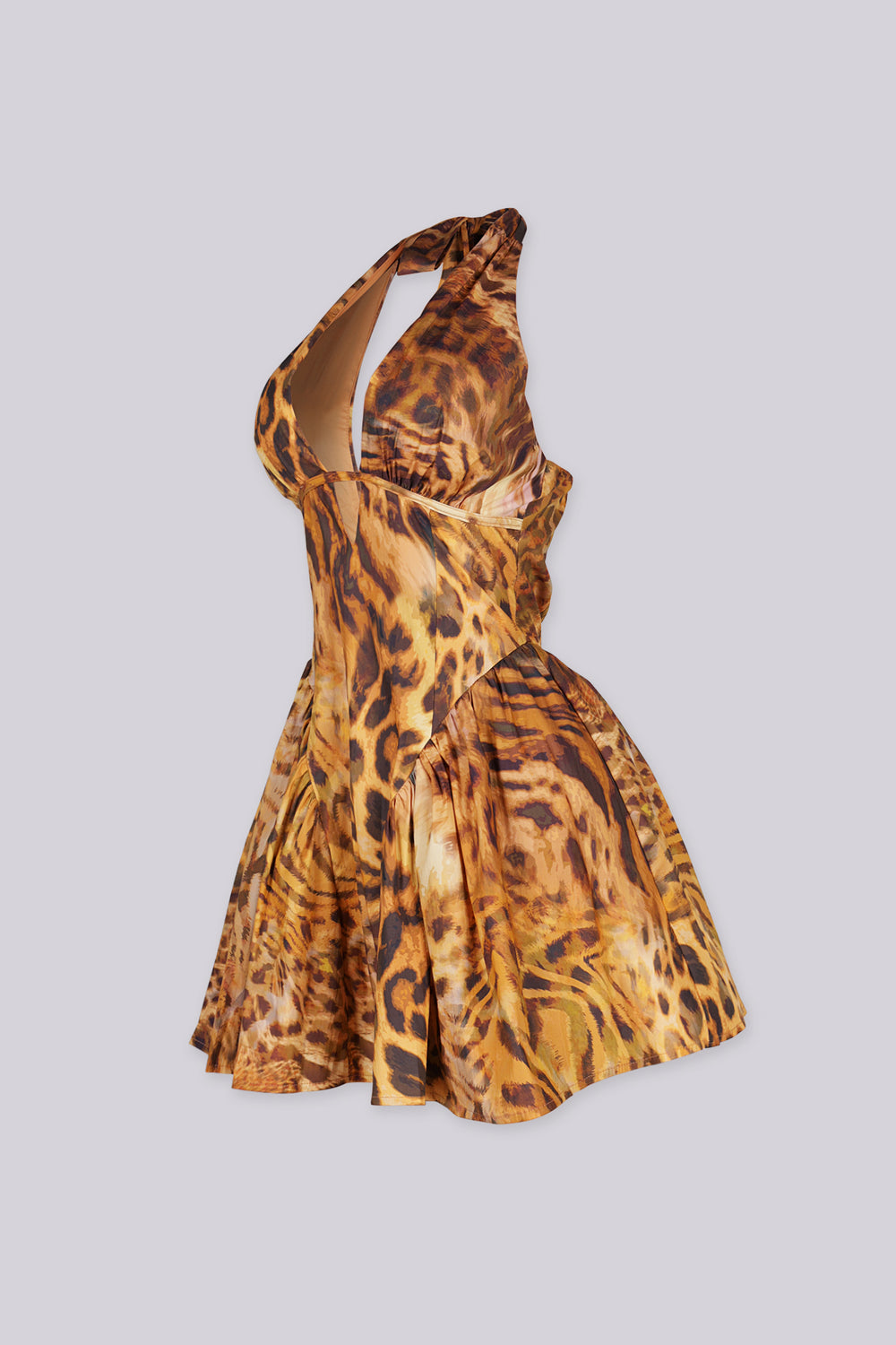 Animal print halter mini dress with plunging deep V front