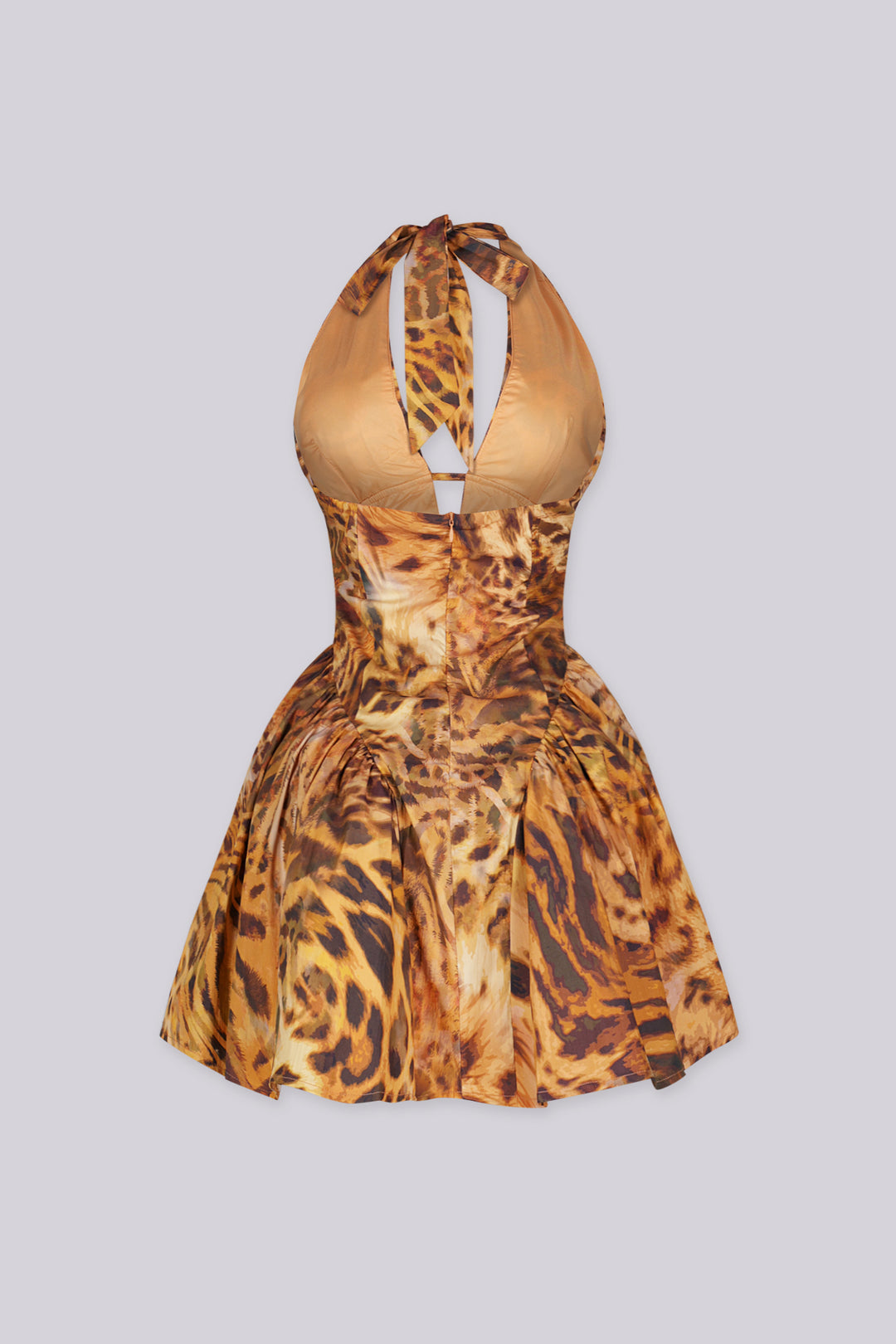 Animal print halter mini dress with plunging deep V front