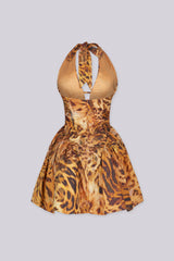 Animal print halter mini dress with plunging deep V front