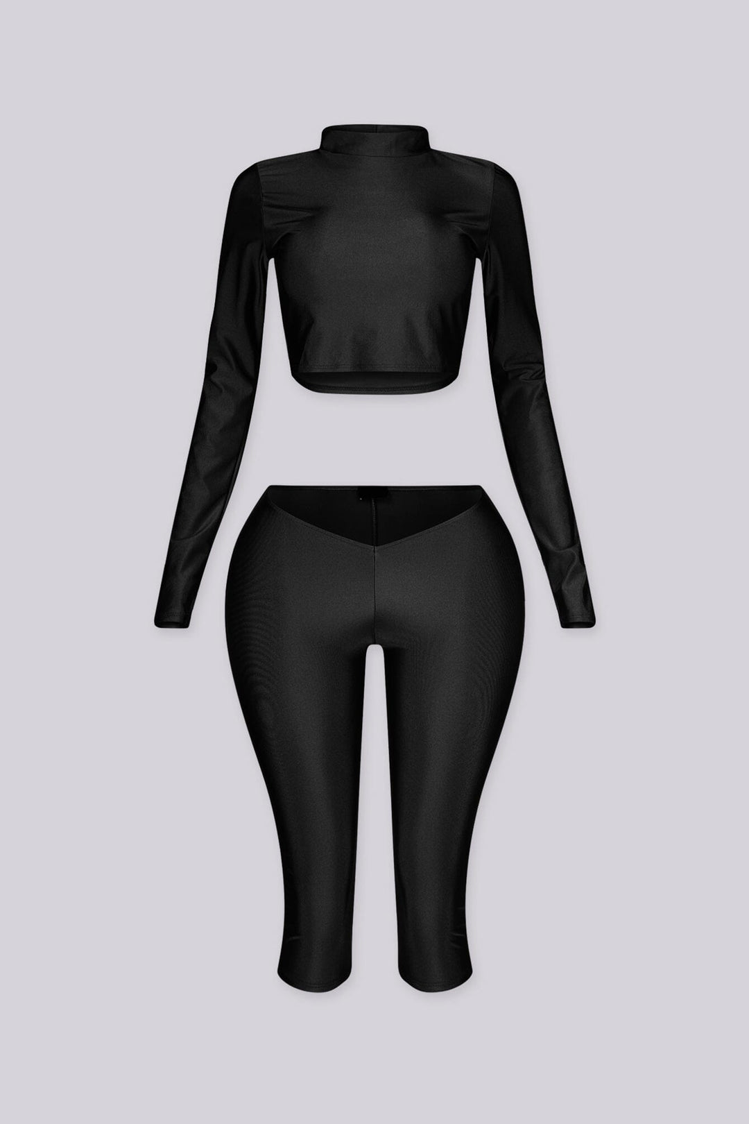 Long sleeve cropped top with mock neckline
Matching capri length leggings with V front waistband
