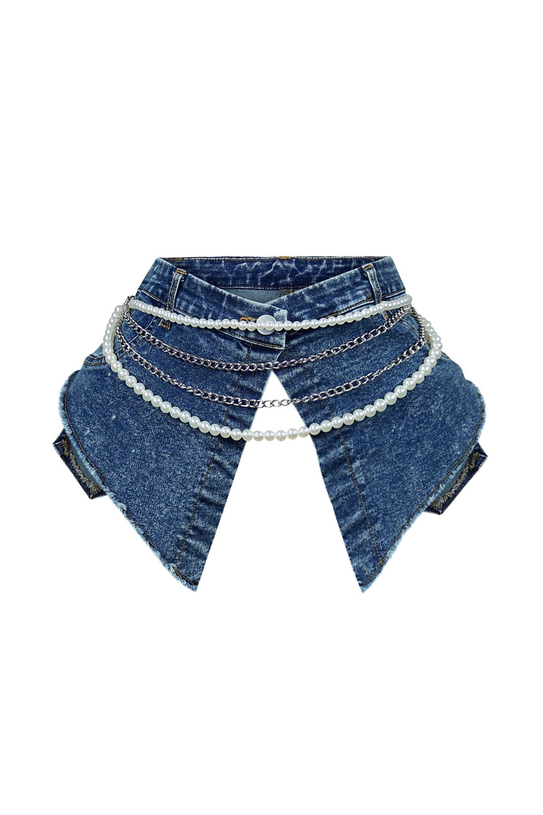 EDGE — denim blue pearl and chain draped belt, front view flat lay