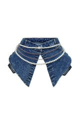 EDGE — denim blue pearl and chain draped belt, front view flat lay