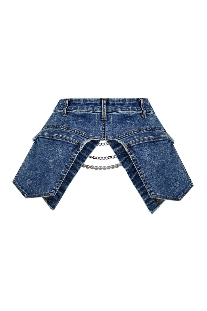 EDGE — denim blue pearl and chain draped belt, back view flat lay