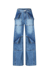 EDGE — denim high-rise snap-front baggy cargo jeans, front view flat lay