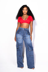 EDGE — denim high-rise snap-front baggy cargo jeans, front view on model