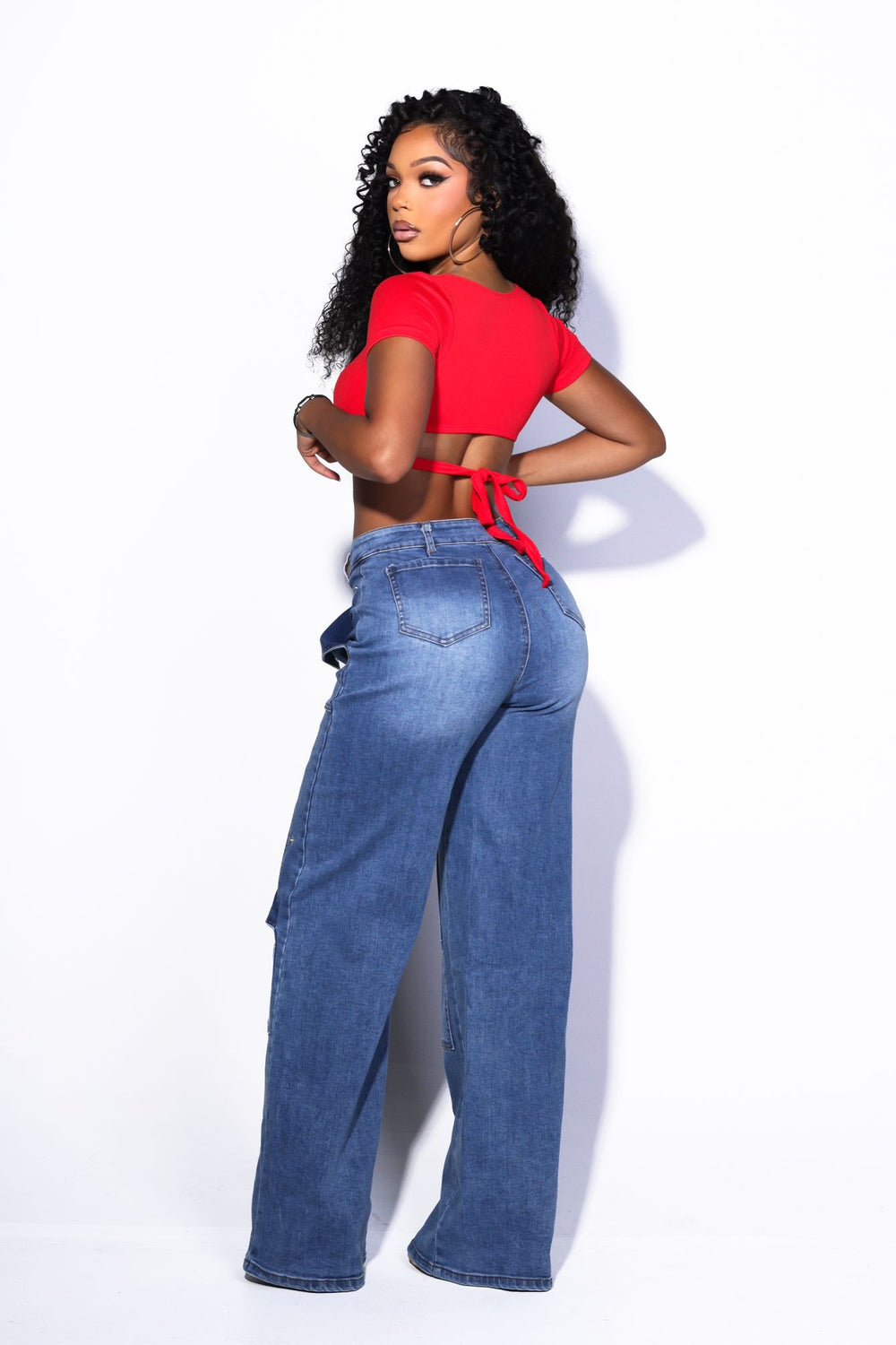 EDGE — denim high-rise snap-front baggy cargo jeans, back view on model