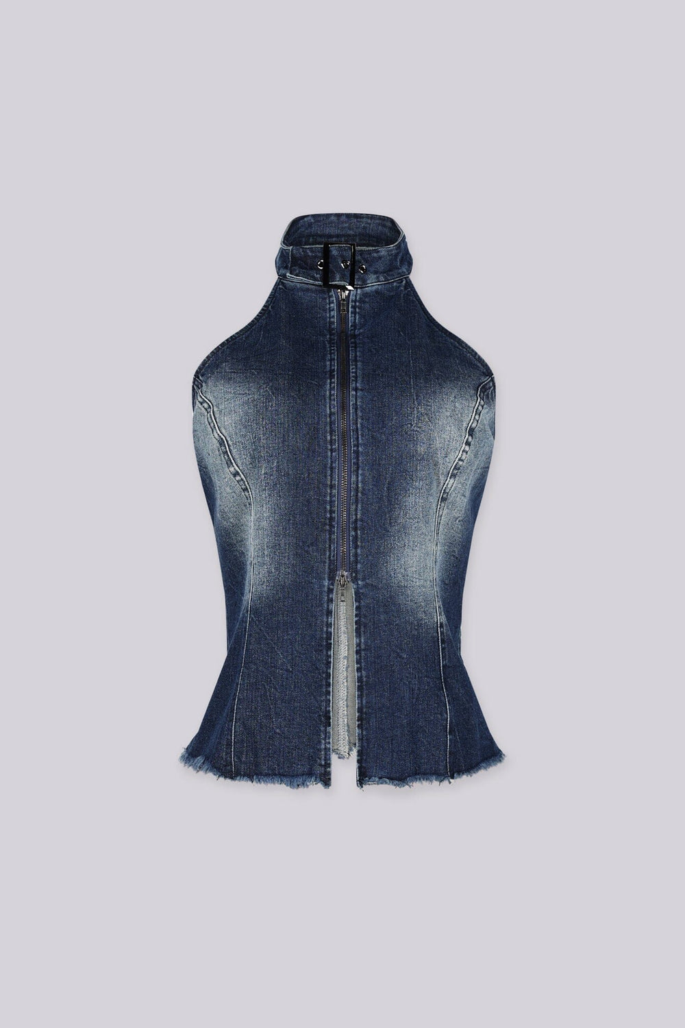 Washed denim high neck halter top with princess seams featuring keyhole cutout chest detail