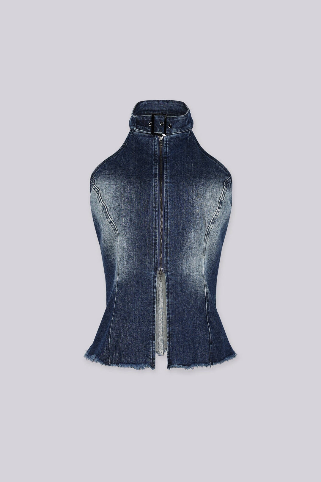 Washed denim high neck halter top with princess seams featuring keyhole cutout chest detail