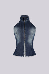 Washed denim high neck halter top with princess seams featuring keyhole cutout chest detail