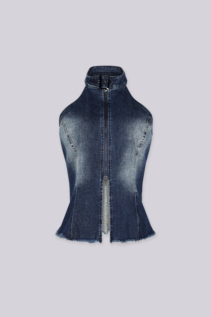 Washed denim high neck halter top with princess seams featuring keyhole cutout chest detail