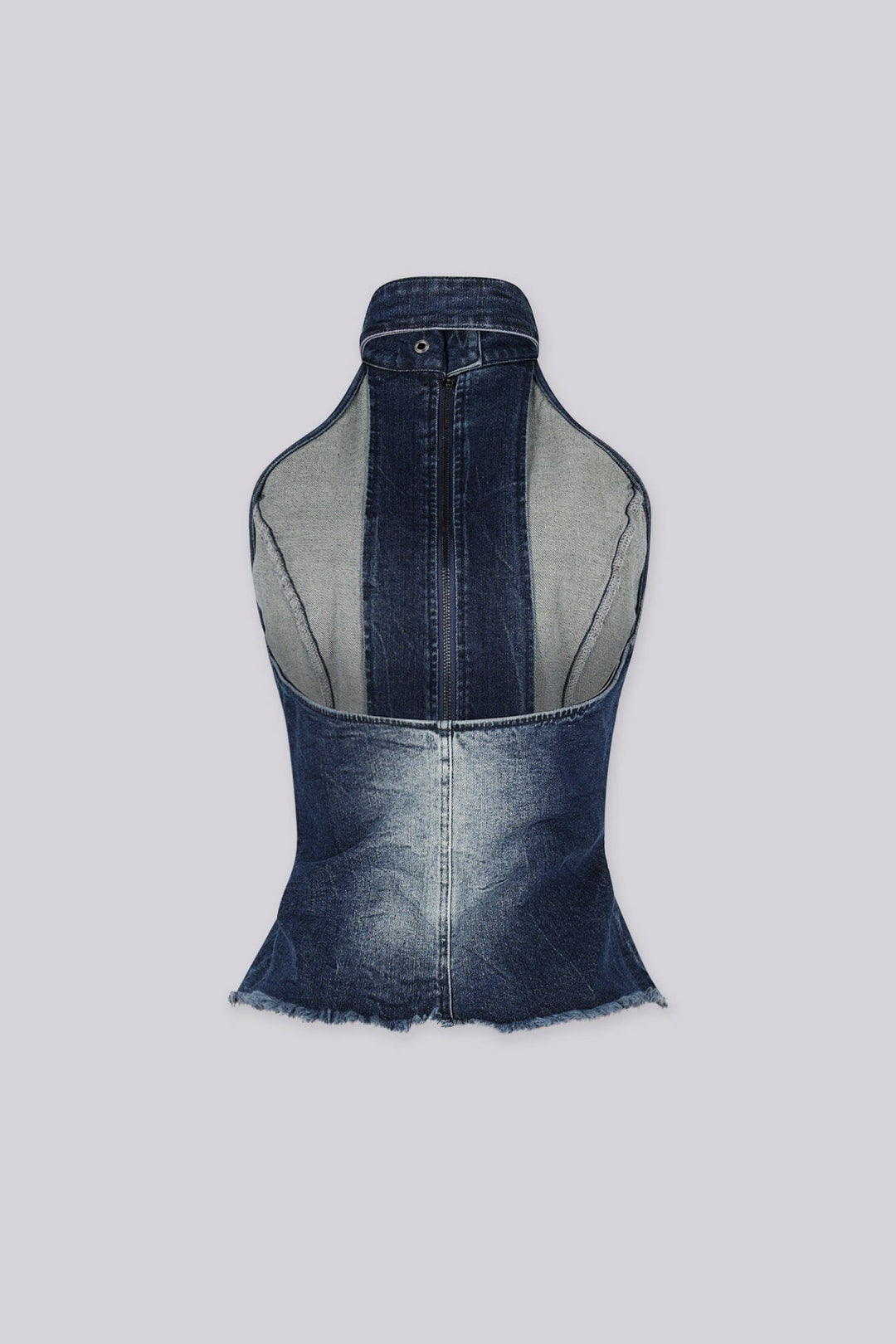 Washed denim high neck halter top with princess seams featuring keyhole cutout chest detail