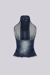 Washed denim high neck halter top with princess seams featuring keyhole cutout chest detail