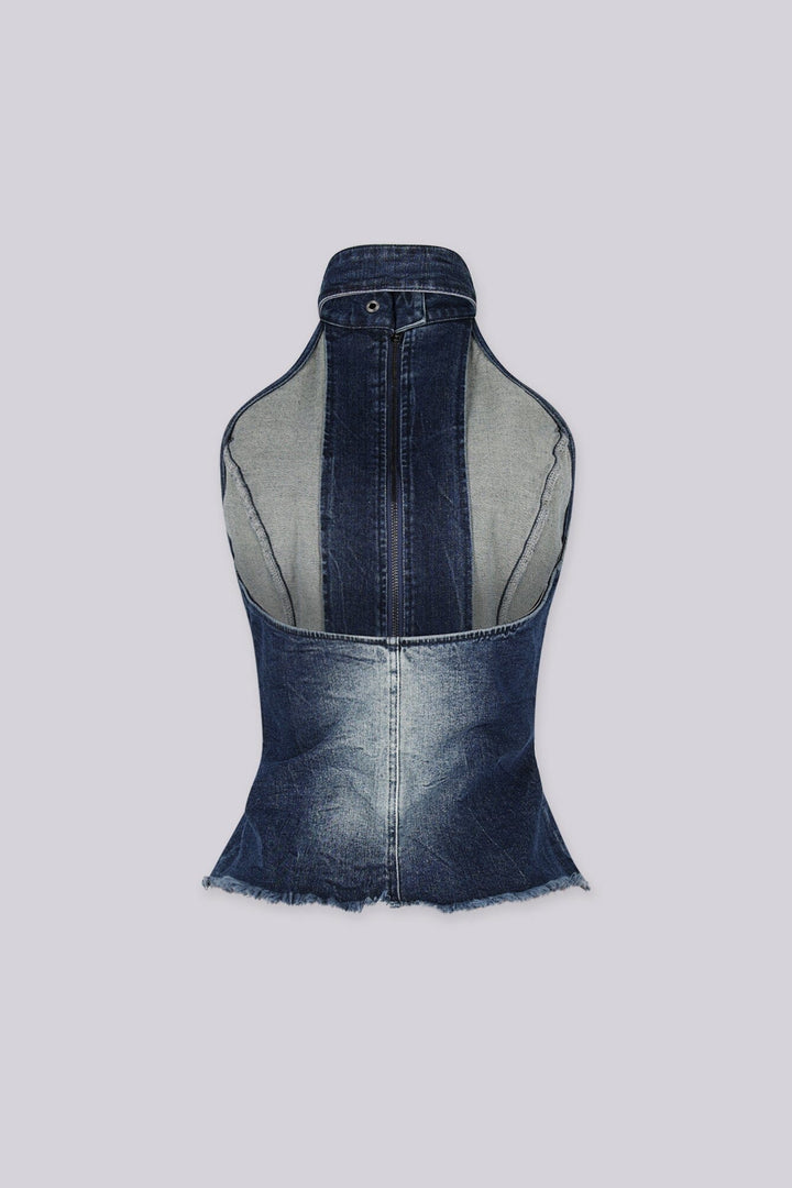 Washed denim high neck halter top with princess seams featuring keyhole cutout chest detail