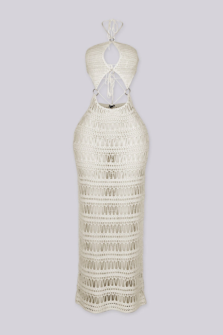 Open-knit crochet halter neckline dress with adjustable tie neck closure
Midriff cutouts connected by silver O-ring hardware