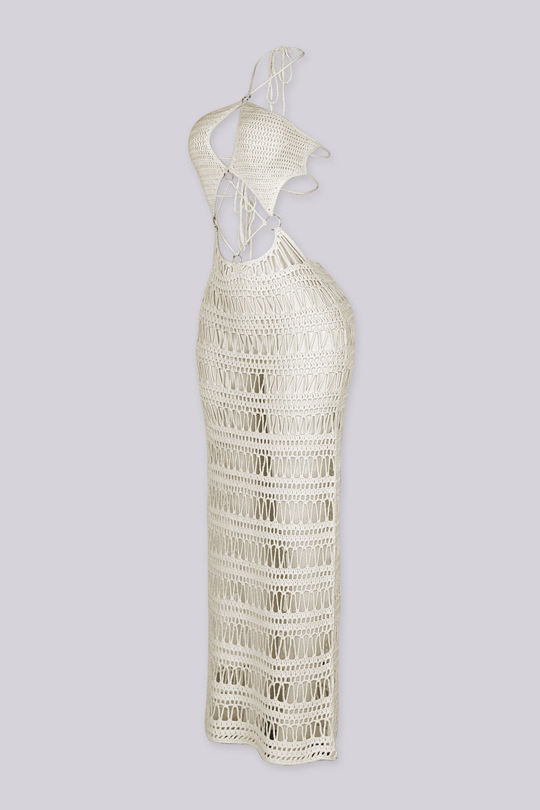 Open-knit crochet halter neckline dress with adjustable tie neck closure
Midriff cutouts connected by silver O-ring hardware