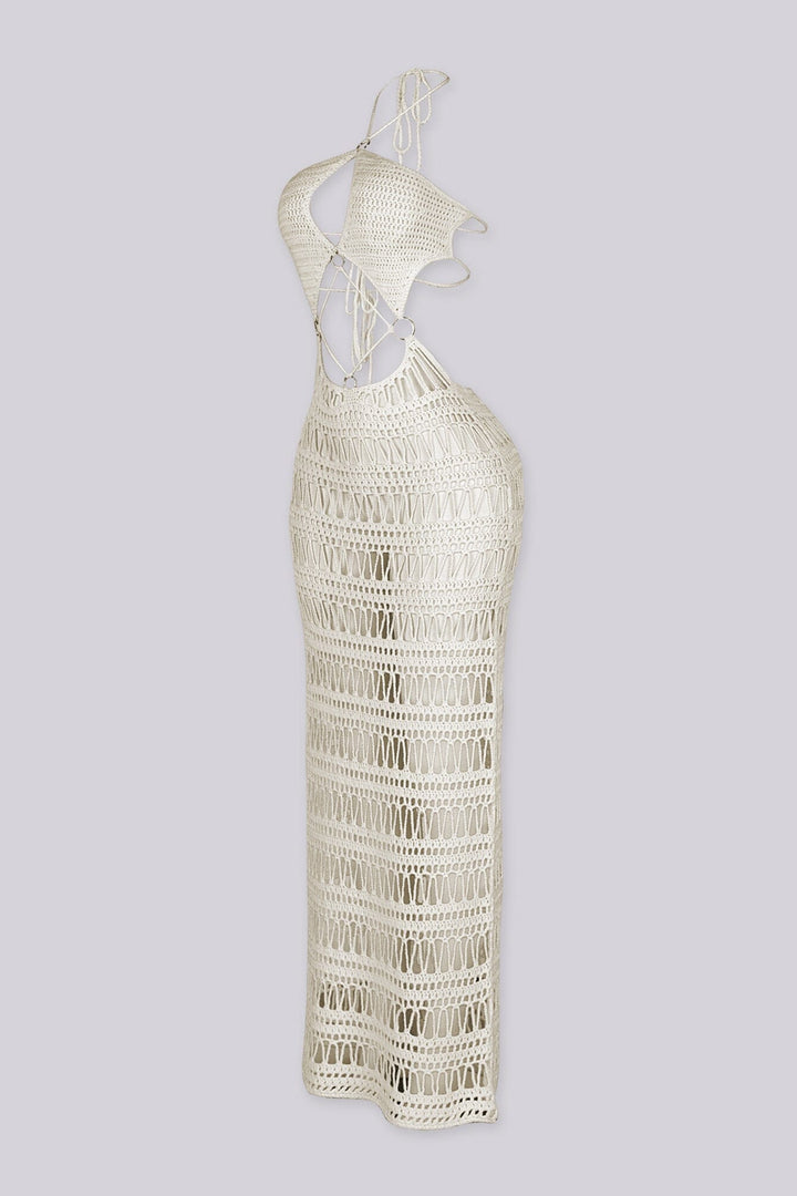 Open-knit crochet halter neckline dress with adjustable tie neck closure
Midriff cutouts connected by silver O-ring hardware