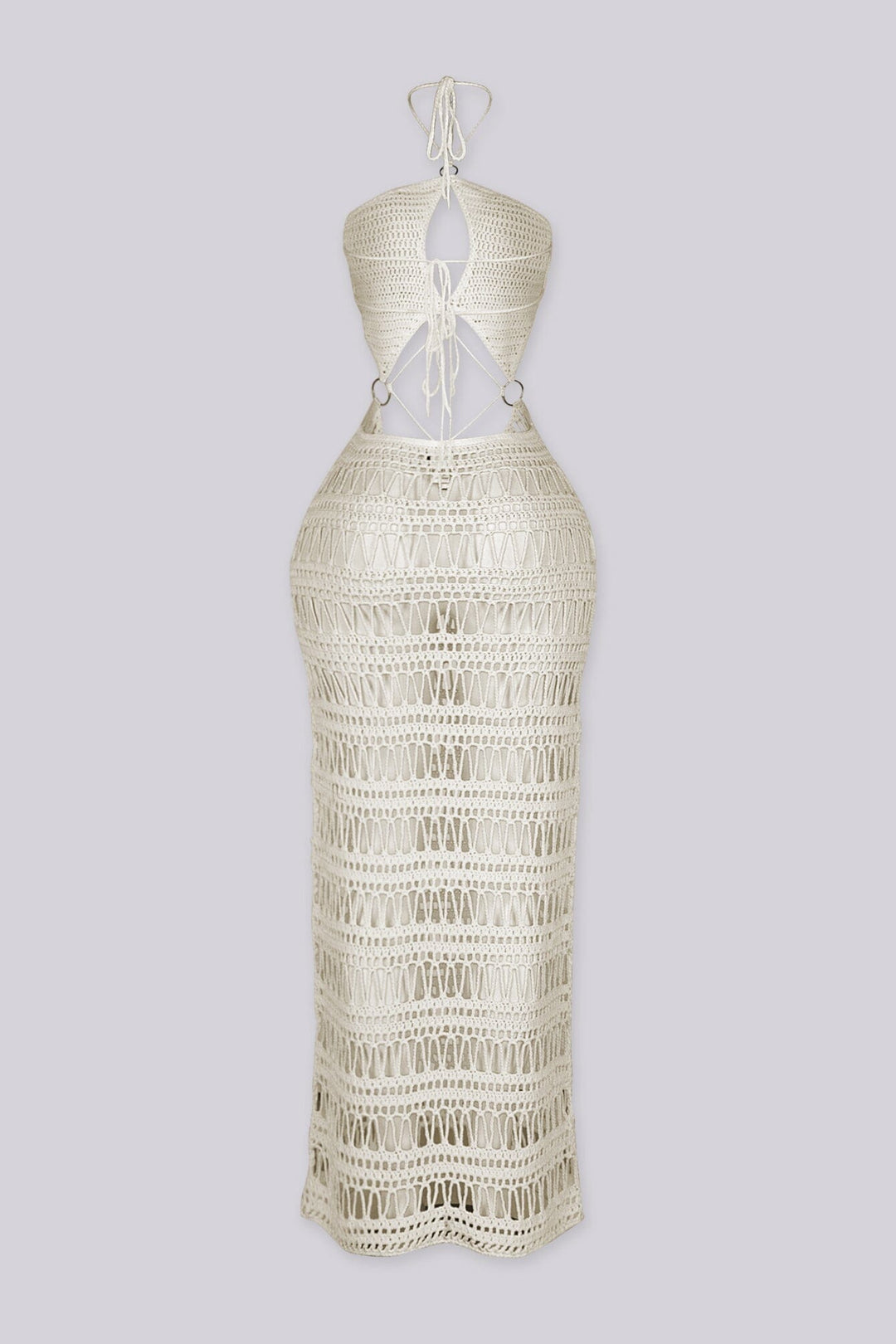 Open-knit crochet halter neckline dress with adjustable tie neck closure
Midriff cutouts connected by silver O-ring hardware
