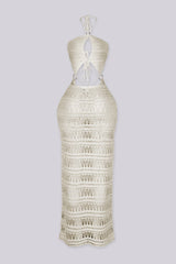 Open-knit crochet halter neckline dress with adjustable tie neck closure
Midriff cutouts connected by silver O-ring hardware