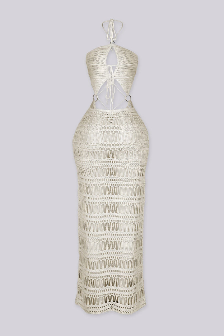 Open-knit crochet halter neckline dress with adjustable tie neck closure
Midriff cutouts connected by silver O-ring hardware