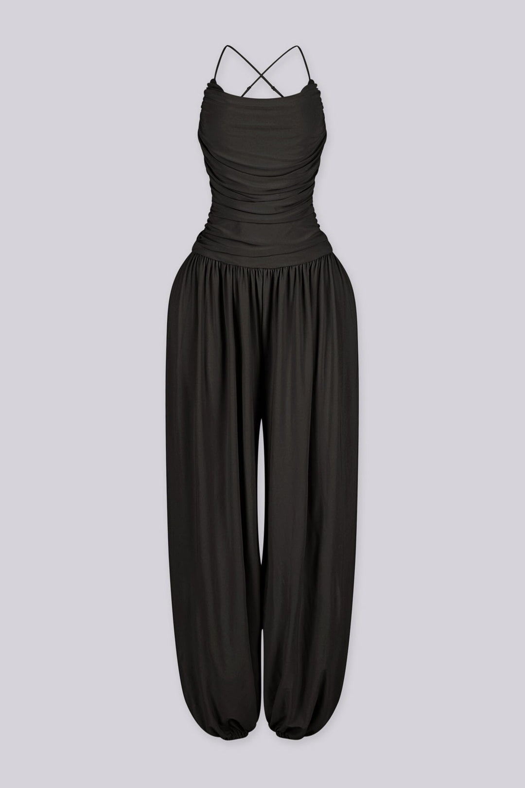 Tank top jumpsuit featuring draped cowl neckline with adjustable straps, Subtle horizontal ruched gathering across, Heavy gathering pants that taper at the bottom with elasticized ankle cuffs