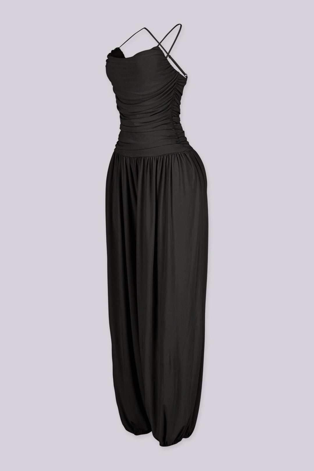 Tank top jumpsuit featuring draped cowl neckline with adjustable straps, Subtle horizontal ruched gathering across, Heavy gathering pants that taper at the bottom with elasticized ankle cuffs