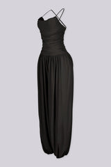 Tank top jumpsuit featuring draped cowl neckline with adjustable straps, Subtle horizontal ruched gathering across, Heavy gathering pants that taper at the bottom with elasticized ankle cuffs
