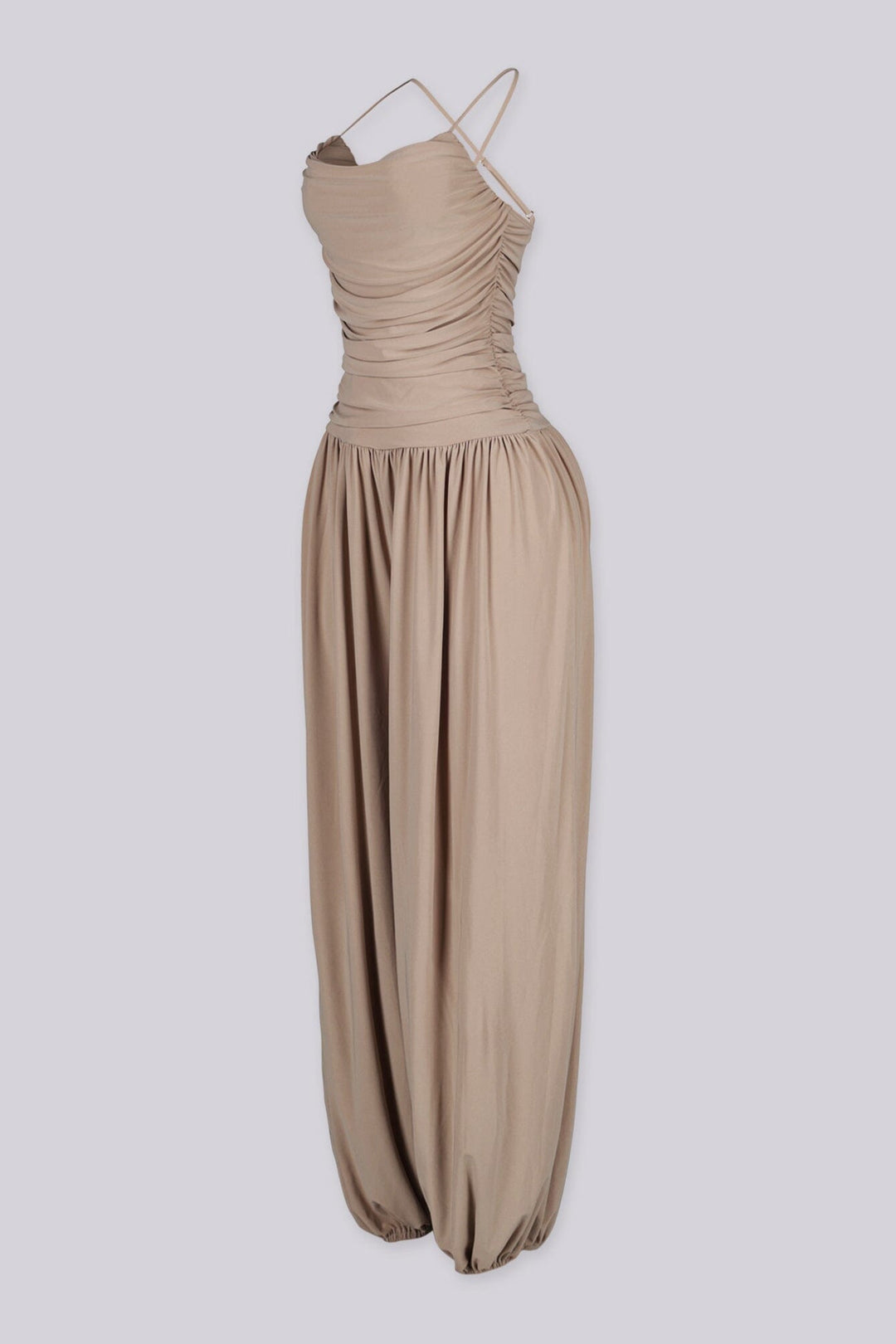 Tank top jumpsuit featuring draped cowl neckline with adjustable straps, Subtle horizontal ruched gathering across, Heavy gathering pants that taper at the bottom with elasticized ankle cuffs