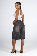 Denim bermuda shorts with scattered rhinestone embellishments