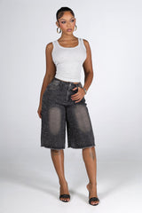 Denim bermuda shorts with scattered rhinestone embellishments
