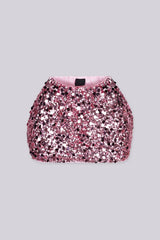 Low rise mini skirt fully covered in oversized metallic sequins and shimmering disc paillettes