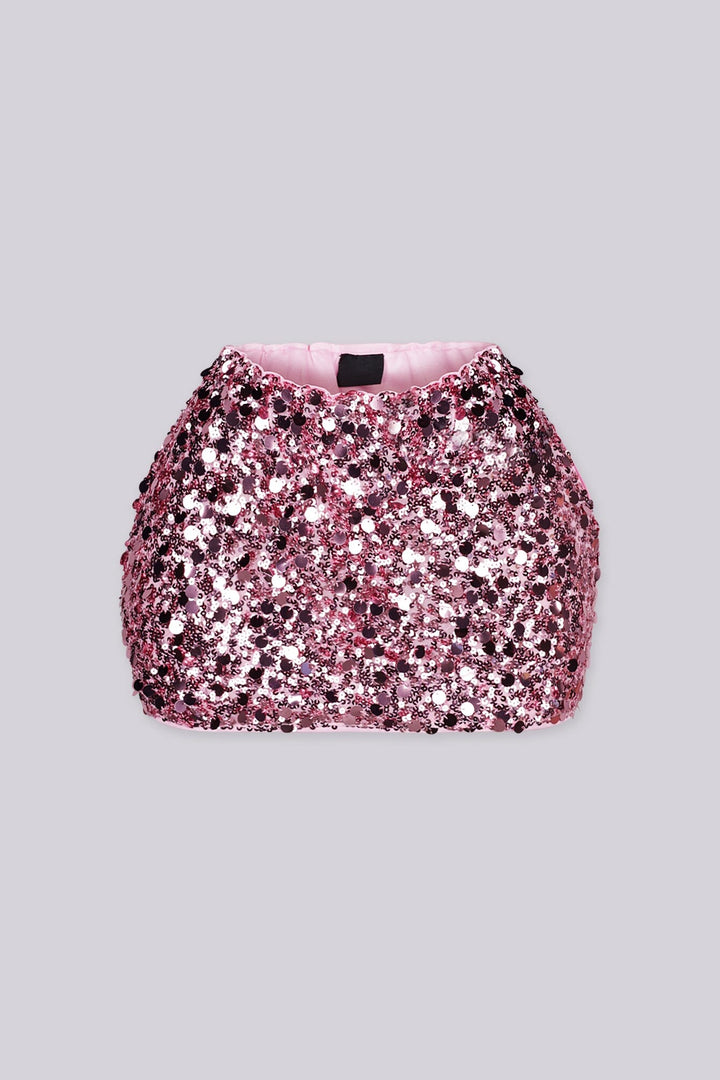 Low rise mini skirt fully covered in oversized metallic sequins and shimmering disc paillettes