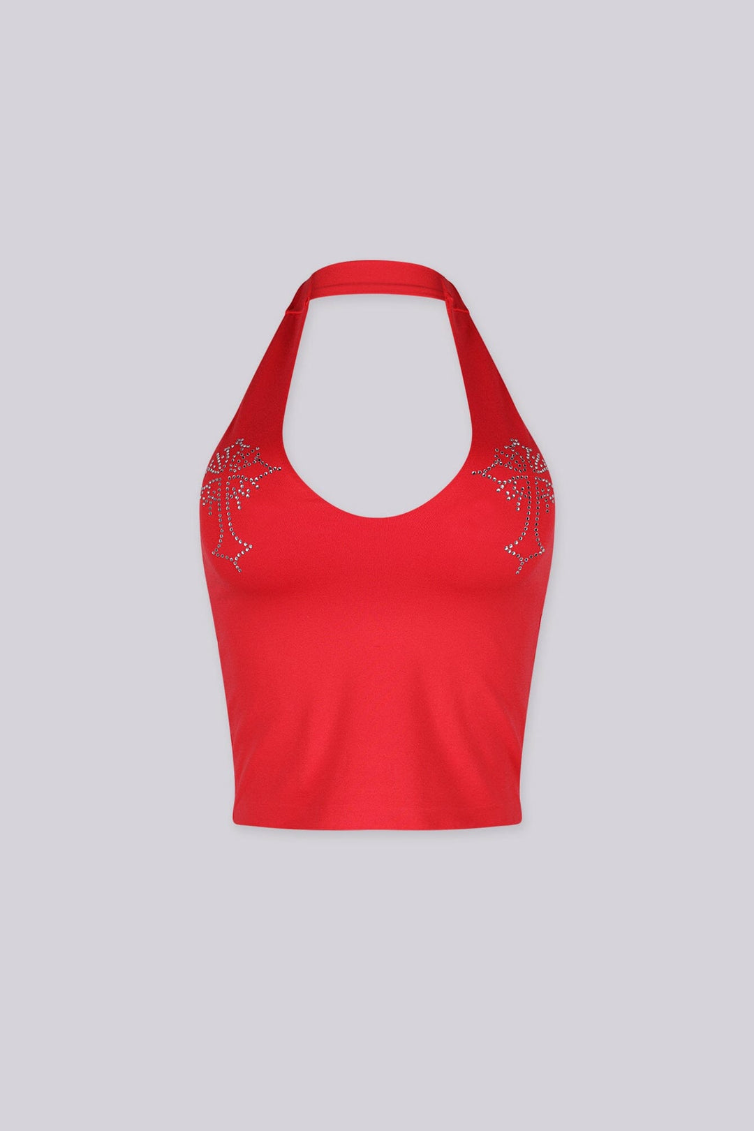 Cropped halter top with a deep plunge neckline
Finished with delicate rhinestone detailing