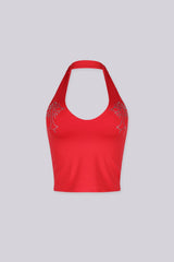 Cropped halter top with a deep plunge neckline
Finished with delicate rhinestone detailing