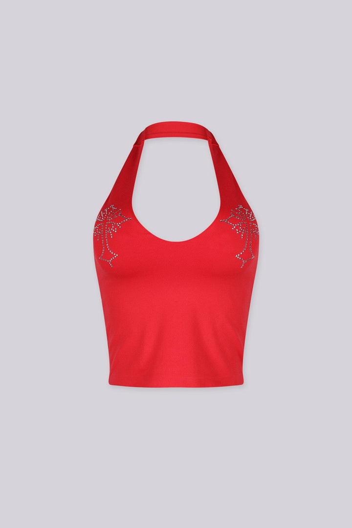 Cropped halter top with a deep plunge neckline
Finished with delicate rhinestone detailing