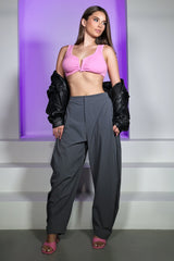 High waisted balloon shape cropped pants featuring tapered ankle cuffs with a snap button closured hem