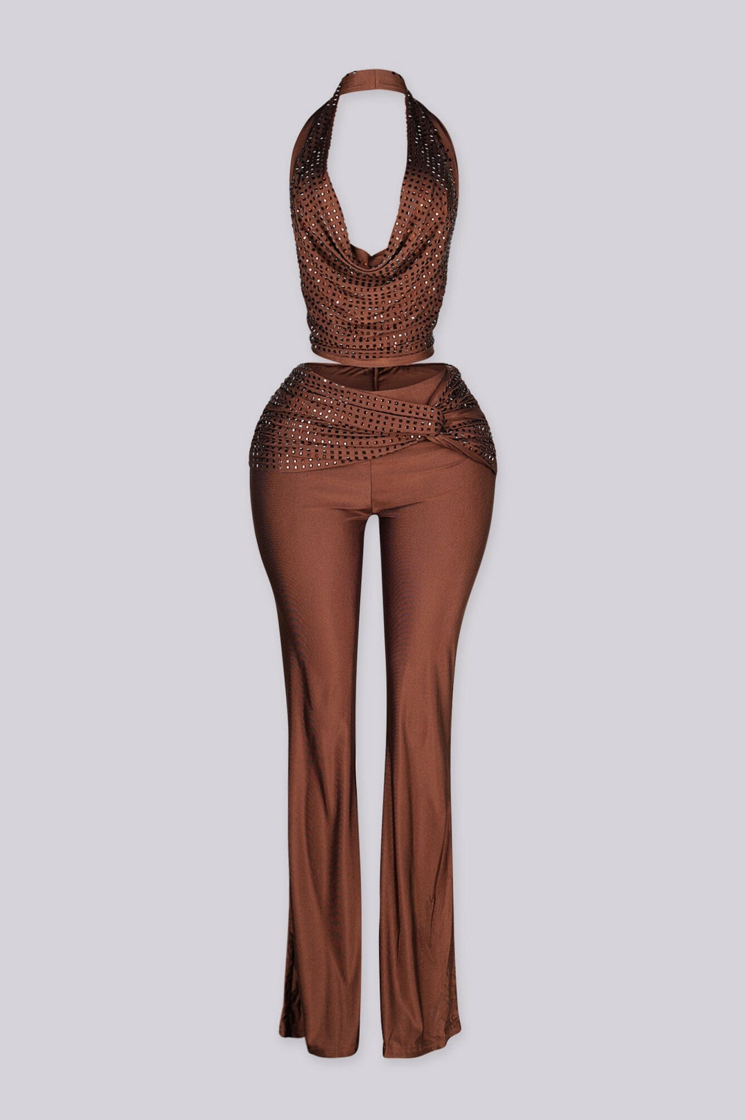 Cropped halter top with deep plunging cowl draped neckline featuring rhinestone embellishments throughout