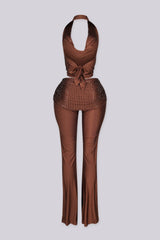 Cropped halter top with deep plunging cowl draped neckline featuring rhinestone embellishments throughout