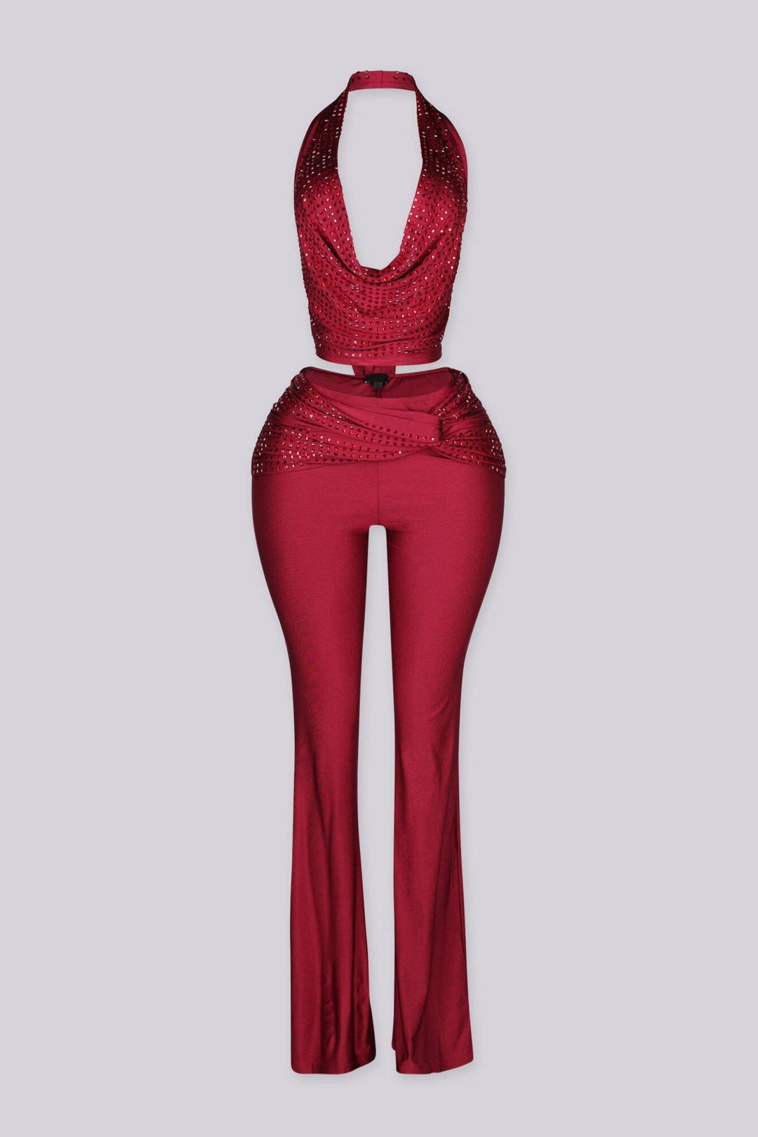 Cropped halter top with deep plunging cowl draped neckline featuring rhinestone embellishments throughout