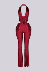 Cropped halter top with deep plunging cowl draped neckline featuring rhinestone embellishments throughout