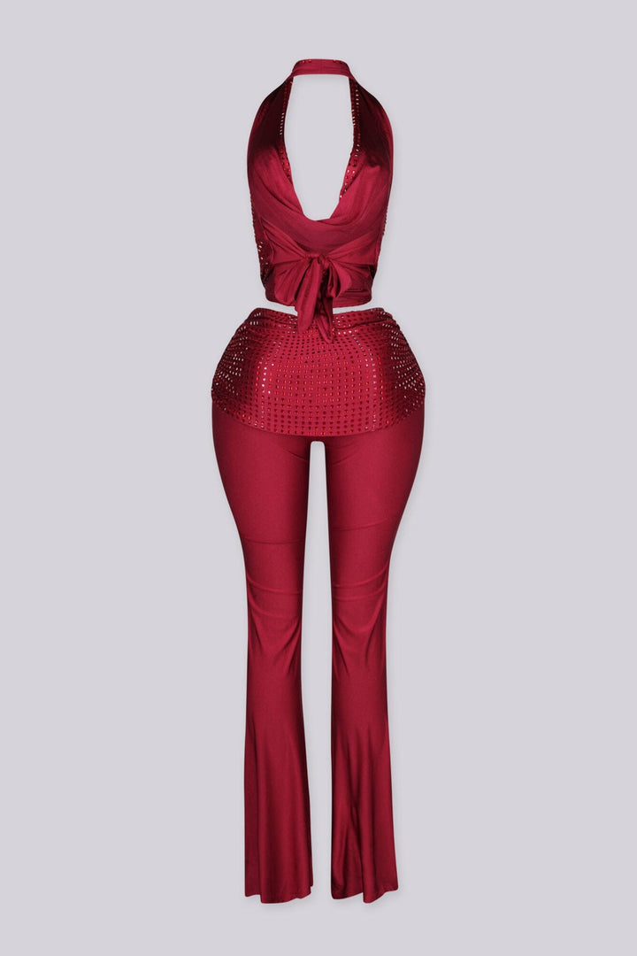 Cropped halter top with deep plunging cowl draped neckline featuring rhinestone embellishments throughout