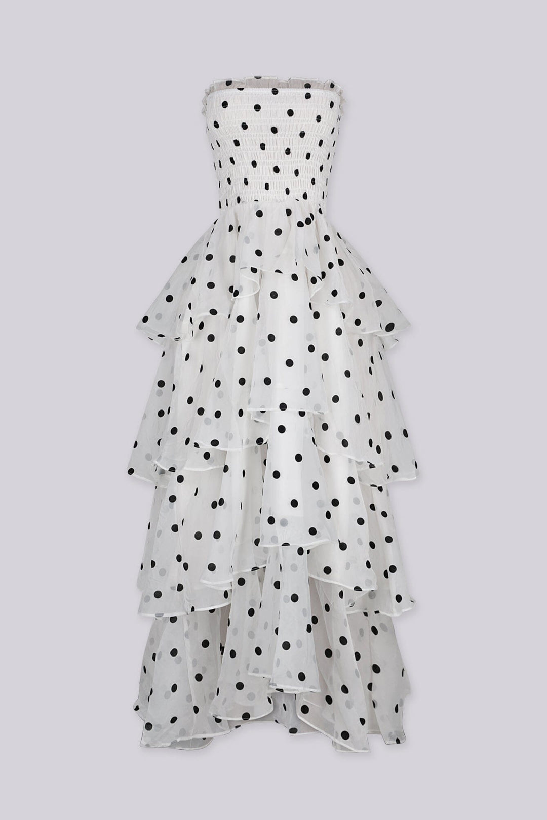 Polka dot strapless midi dress featuring layered ruffle details, Slip on closure