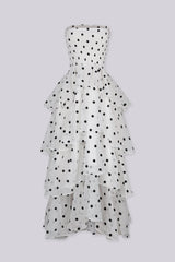 Polka dot strapless midi dress featuring layered ruffle details, Slip on closure