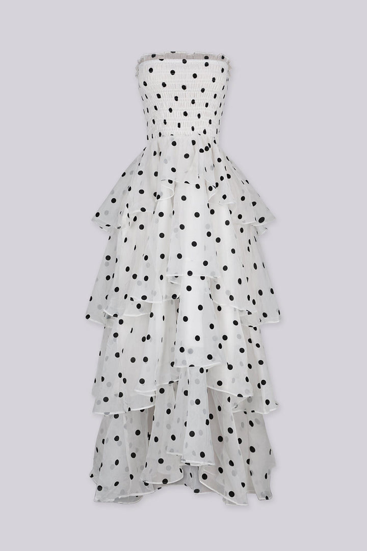 Polka dot strapless midi dress featuring layered ruffle details, Slip on closure